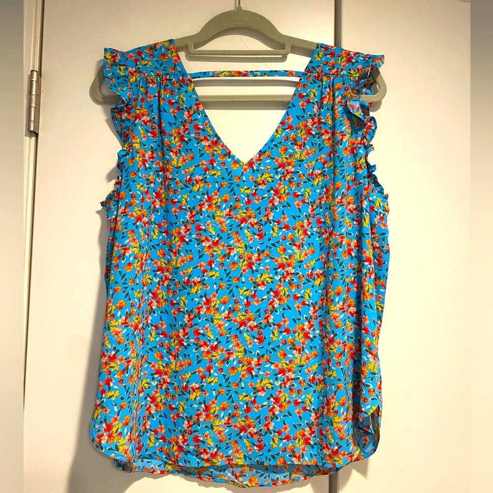 LOFT Blue Floral Ruffle Sleeve Top